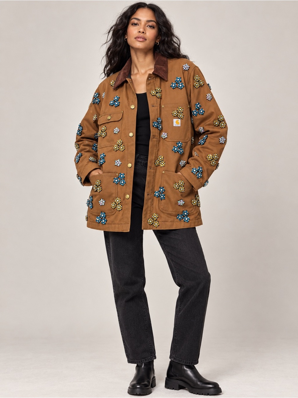 Carhartt Brown Chore Coat Crystal Rhinestone Embellished Statement Jacket M